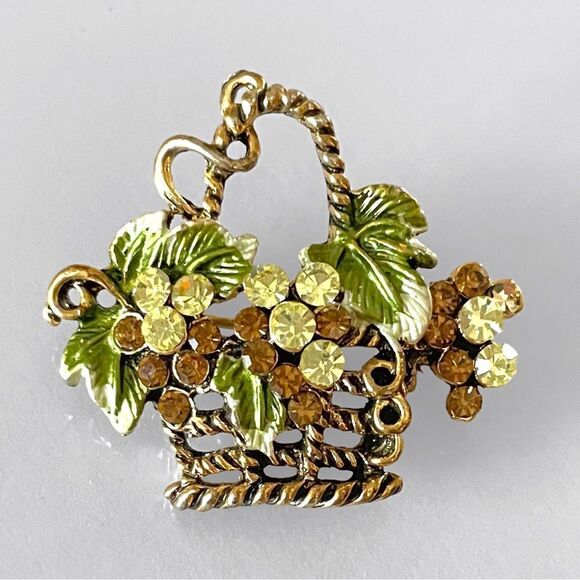 Vintage Floral Fruit Basket Rhinestone Brooch - Picture 2 of 4